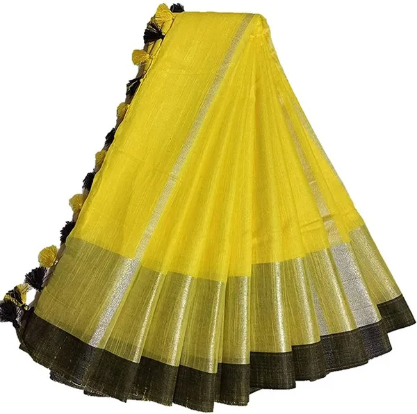 Yellow_Bhagalpuri_Handloom_women's_Linen_Slub_Blend_Saree_With_Black_Pipin_Contrast_Blouse_Piece