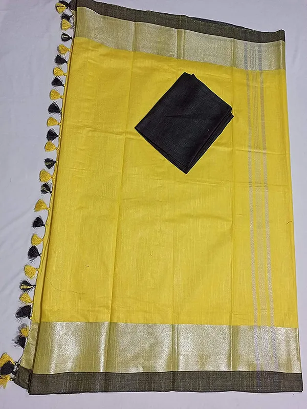 Yellow_Bhagalpuri_Handloom_women's_Linen_Slub_Blend_Saree_With_Black_Pipin_Contrast_Blouse_Piece