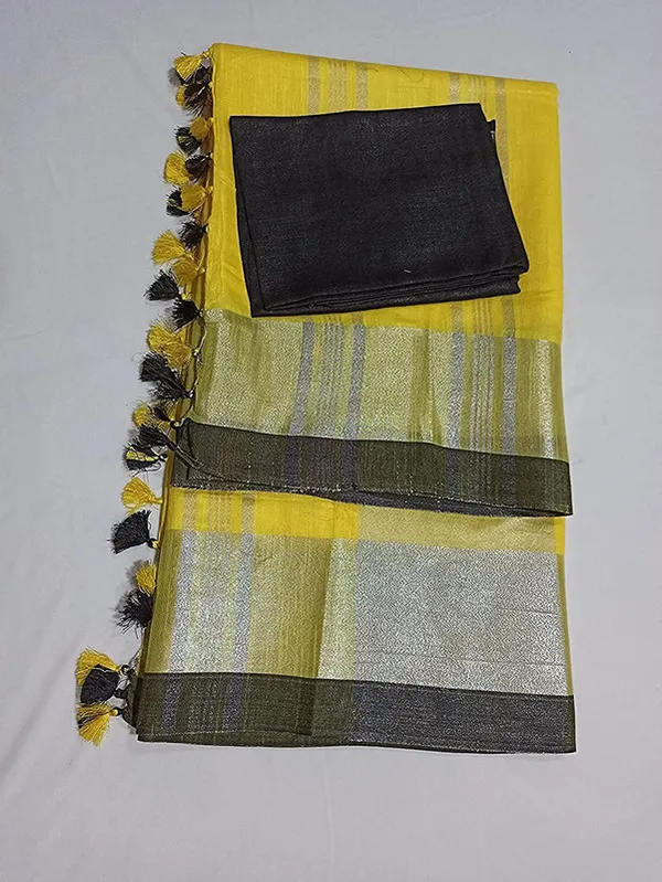 Yellow_Bhagalpuri_Handloom_women's_Linen_Slub_Blend_Saree_With_Black_Pipin_Contrast_Blouse_Piece