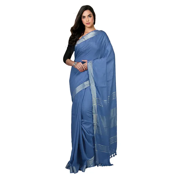 Airforce_Blue_Bhagalpuri_women's_Handloom_Linen_Cotton_Ethnic_Wear_Saree_With_Running_Unstitched_Blouse_Piece