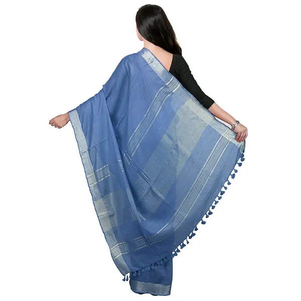 Airforce_Blue_Bhagalpuri_women's_Handloom_Linen_Cotton_Ethnic_Wear_Saree_With_Running_Unstitched_Blouse_Piece
