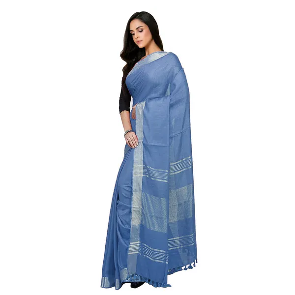 Airforce_Blue_Bhagalpuri_women's_Handloom_Linen_Cotton_Ethnic_Wear_Saree_With_Running_Unstitched_Blouse_Piece