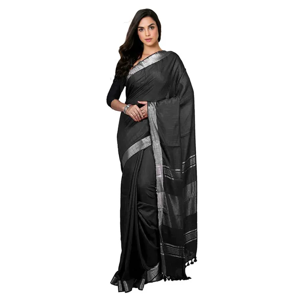 Black_Bhagalpuri_women's_Handloom_Linen_Cotton_Ethnic_Wear_Saree_With_Running_Unstitched_Blouse_Piece