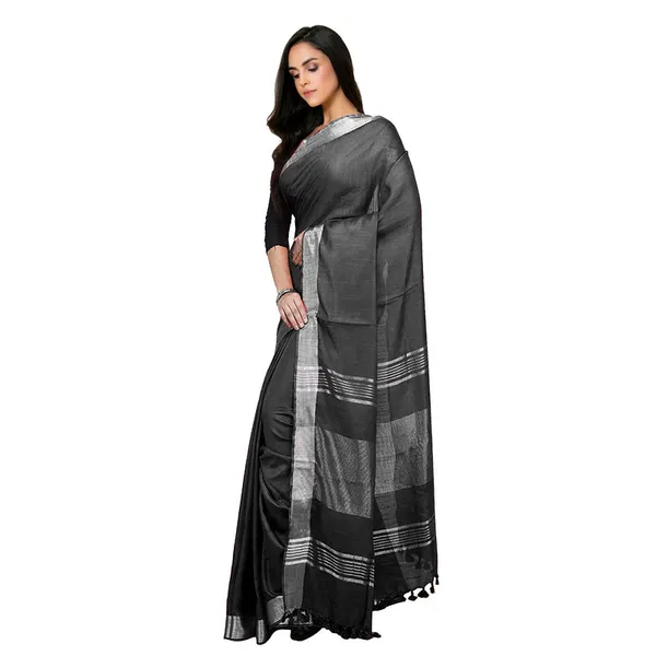 Black_Bhagalpuri_women's_Handloom_Linen_Cotton_Ethnic_Wear_Saree_With_Running_Unstitched_Blouse_Piece