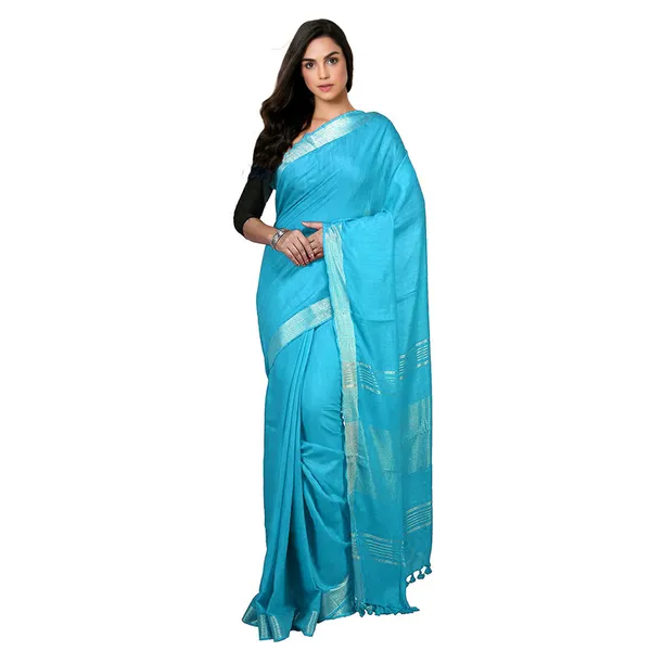Cyan_Bhagalpuri_women's_Handloom_Linen_Cotton_Ethnic_Wear_Saree_With_Running_Unstitched_Blouse_Piece