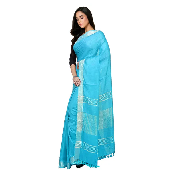 Cyan_Bhagalpuri_women's_Handloom_Linen_Cotton_Ethnic_Wear_Saree_With_Running_Unstitched_Blouse_Piece