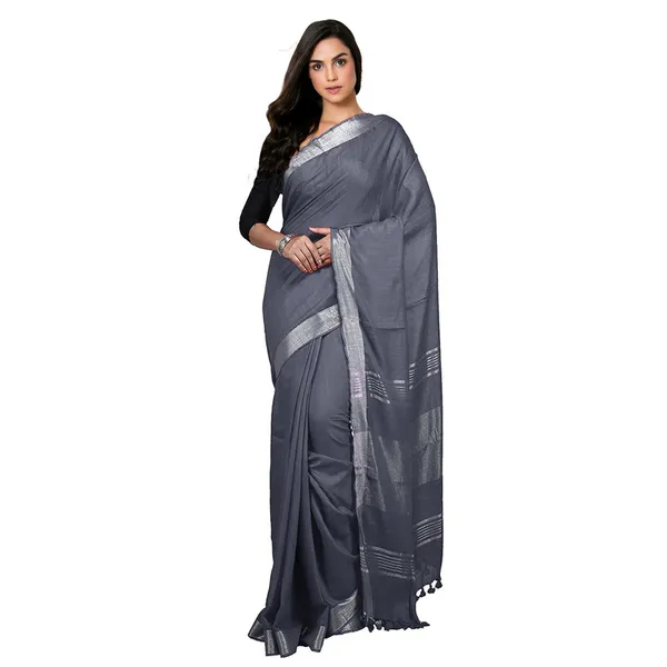 Grey_Bhagalpuri_women's_Handloom_Linen_Cotton_Ethnic_Wear_Saree_With_Running_Unstitched_Blouse_Piece