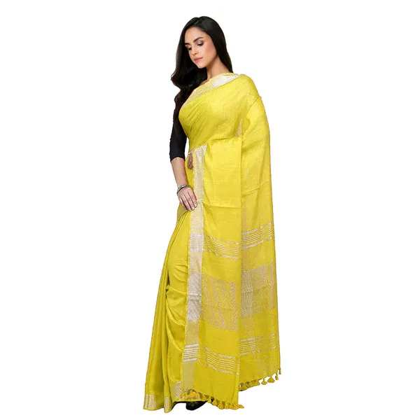 Lemon_Yellow_Bhagalpuri_women's_Handloom_Linen_Cotton_Ethnic_Wear_Saree_With_Running_Unstitched_Blouse_Piece