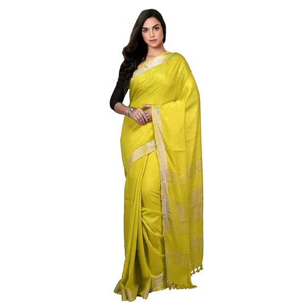 Lemon_Yellow_Bhagalpuri_women's_Handloom_Linen_Cotton_Ethnic_Wear_Saree_With_Running_Unstitched_Blouse_Piece
