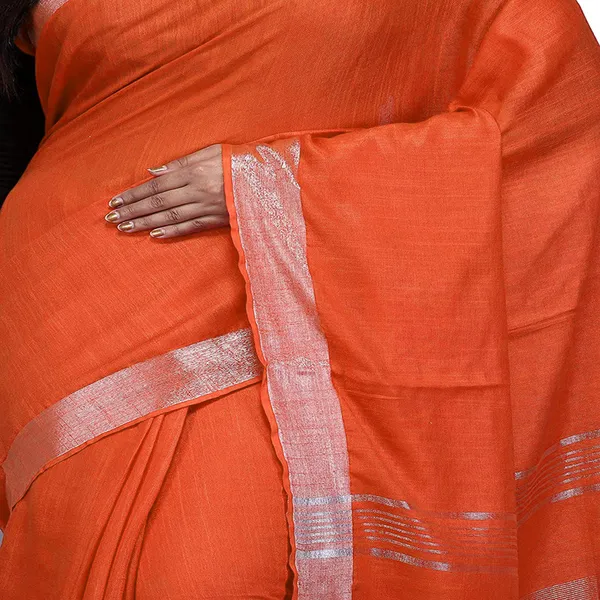 Orange_Bhagalpuri_women's_Handloom_Linen_Cotton_Ethnic_Wear_Saree_With_Running_Unstitched_Blouse_Piece