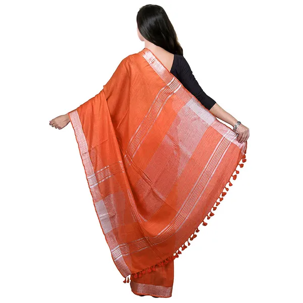 Orange_Bhagalpuri_women's_Handloom_Linen_Cotton_Ethnic_Wear_Saree_With_Running_Unstitched_Blouse_Piece