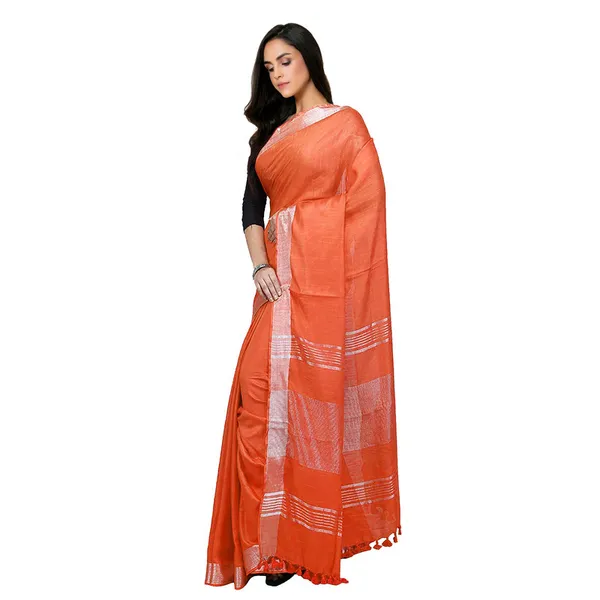 Orange_Bhagalpuri_women's_Handloom_Linen_Cotton_Ethnic_Wear_Saree_With_Running_Unstitched_Blouse_Piece