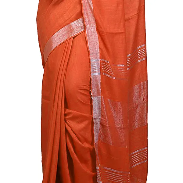 Orange_Bhagalpuri_women's_Handloom_Linen_Cotton_Ethnic_Wear_Saree_With_Running_Unstitched_Blouse_Piece