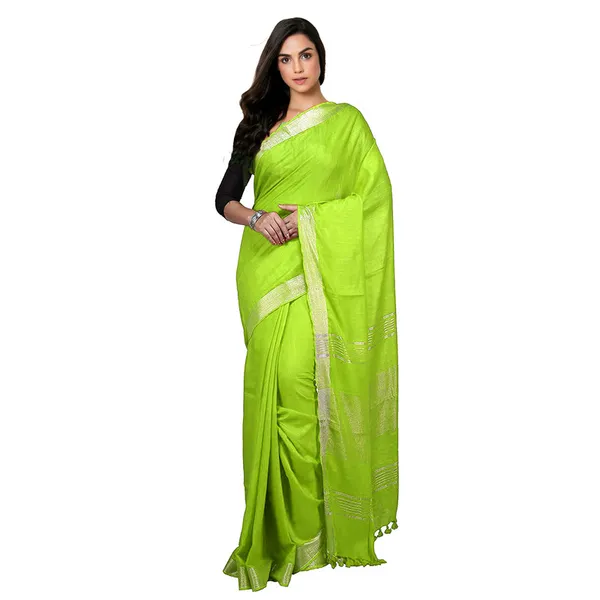 Parrot_Green_Bhagalpuri_women's_Handloom_Linen_Cotton_Ethnic_Wear_Saree_With_Running_Unstitched_Blouse_Piece