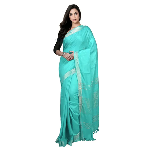 Turquoise_Bhagalpuri_women's_Handloom_Linen_Cotton_Ethnic_Wear_Saree_With_Running_Unstitched_Blouse_Piece