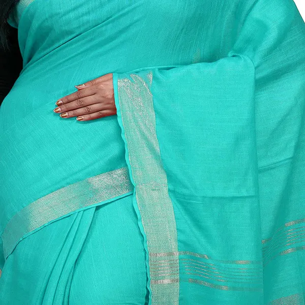 Turquoise_Bhagalpuri_women's_Handloom_Linen_Cotton_Ethnic_Wear_Saree_With_Running_Unstitched_Blouse_Piece