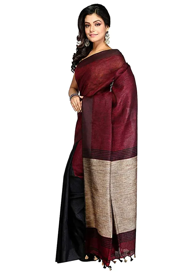 Pure_Linen_with_Ghicha_Pallu_Dual_Color_Handloom_Saree_(Maroon-Black)