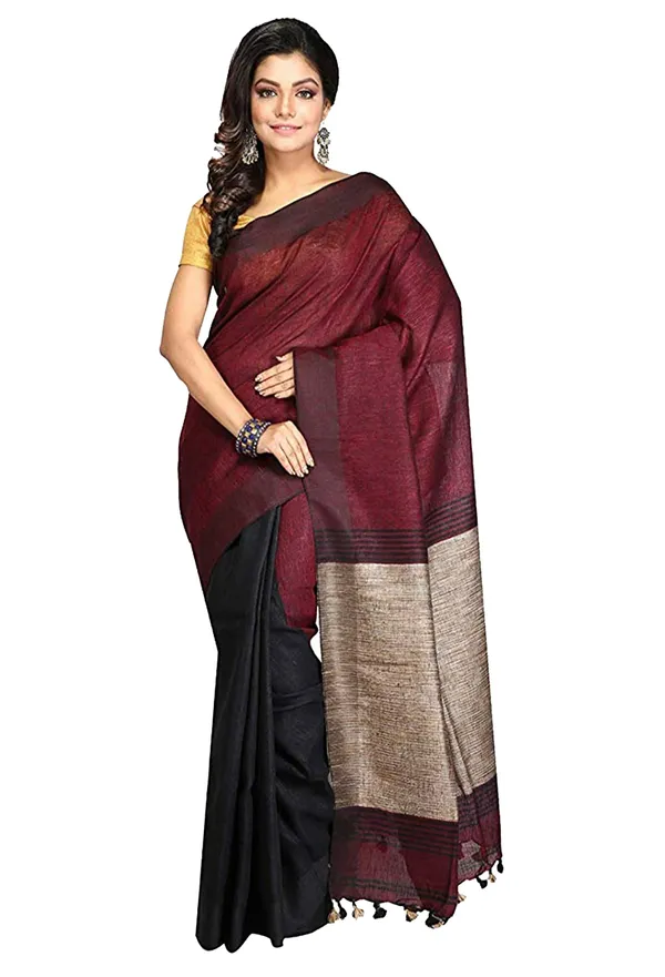 Pure_Linen_with_Ghicha_Pallu_Dual_Color_Handloom_Saree_(Maroon-Black)