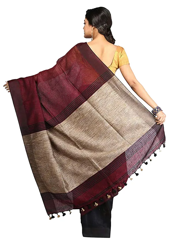 Pure_Linen_with_Ghicha_Pallu_Dual_Color_Handloom_Saree_(Maroon-Black)