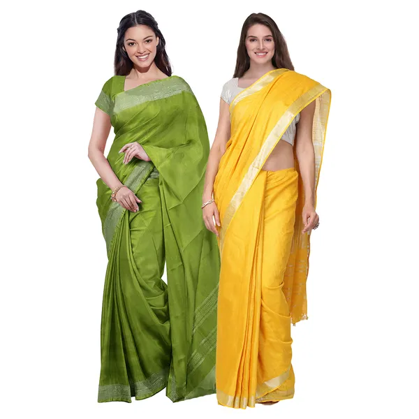 Green_&_Yellow_women's_Bhagalpuri_Handloom_Cotton-Linen_Blend_Saree_Combo_(Pack_Of_2)_With_Running_Unstiched_Blouse_Piece
