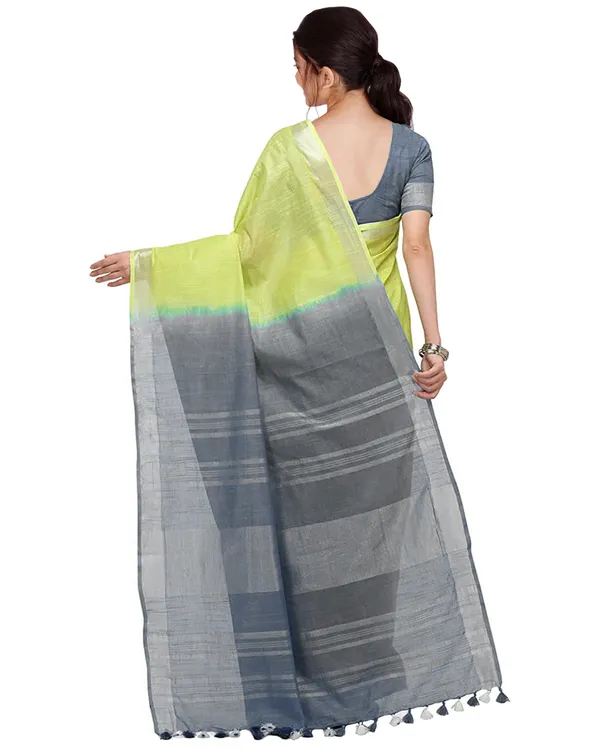 Lime_Green_&_Grey_women's_Handloom_Bhagalpuri_Linen_Cotton_Slub_Blend_Two_Dye_Saree_With_Running_Unstitched_Blouse_Piece