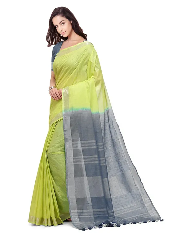 Lime_Green_&_Grey_women's_Handloom_Bhagalpuri_Linen_Cotton_Slub_Blend_Two_Dye_Saree_With_Running_Unstitched_Blouse_Piece