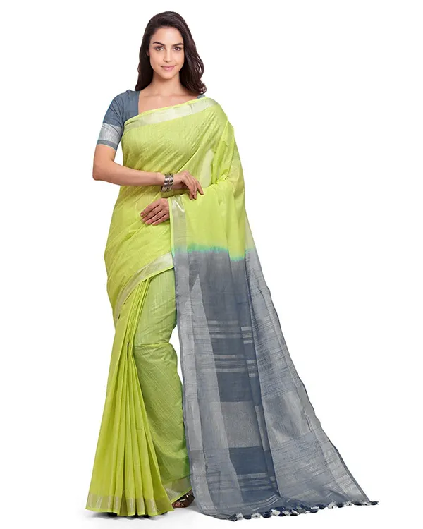 Lime_Green_&_Grey_women's_Handloom_Bhagalpuri_Linen_Cotton_Slub_Blend_Two_Dye_Saree_With_Running_Unstitched_Blouse_Piece