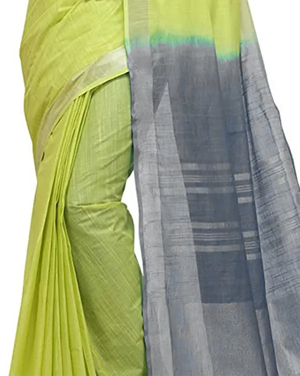 Lime_Green_&_Grey_women's_Handloom_Bhagalpuri_Linen_Cotton_Slub_Blend_Two_Dye_Saree_With_Running_Unstitched_Blouse_Piece