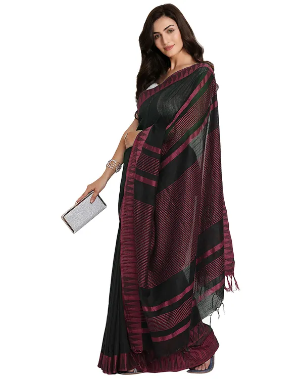 Black_&_Pink_women's__Bhagalpuri_Handloom_Katan_Viscous_Silk_Temple_Border_Saree_Ethnic_Wear_With_Running_Unstitched_Striped_Blouse_Piece
