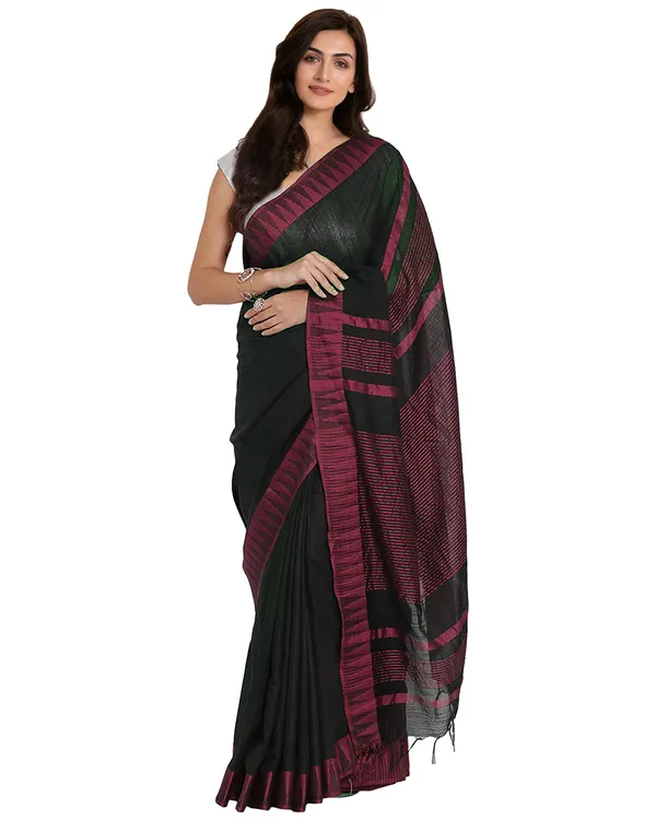Black_&_Pink_women's__Bhagalpuri_Handloom_Katan_Viscous_Silk_Temple_Border_Saree_Ethnic_Wear_With_Running_Unstitched_Striped_Blouse_Piece