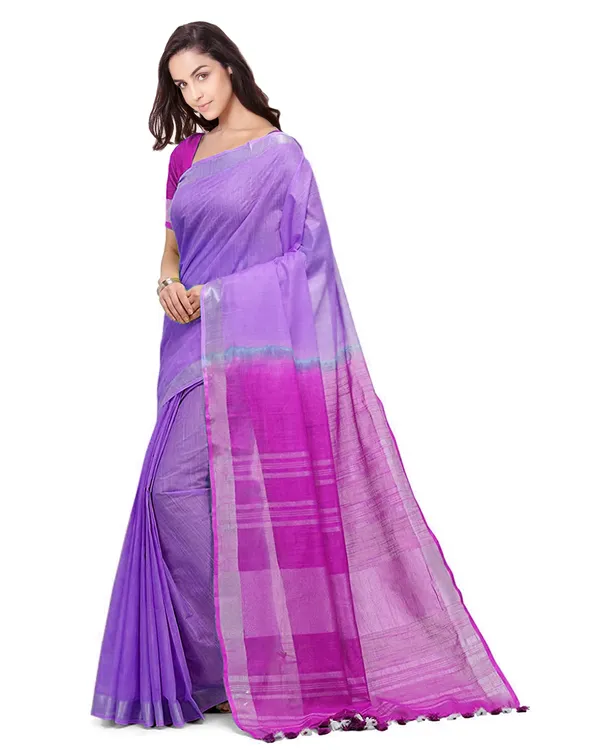 Lilac_Purple_&_Wild_Strawberry_women's_Bhagalpuri_Handloom_Linen_Cotton_Blend_Two_Dye_Saree_With_Running_Unstitched_Blouse_Piece