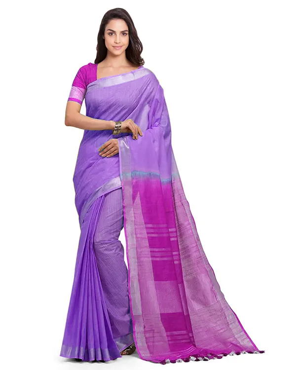 Lilac_Purple_&_Wild_Strawberry_women's_Bhagalpuri_Handloom_Linen_Cotton_Blend_Two_Dye_Saree_With_Running_Unstitched_Blouse_Piece