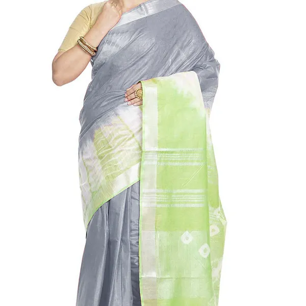 Grey_&_Light_Green_women's_Bhagalpuri_Handloom_Cotton_Linen_Slub_Blend_Tie_Two_Dye_(Sibory_Two_Dye)_Saree_With_Running_Unstitched_Blouse_Piece