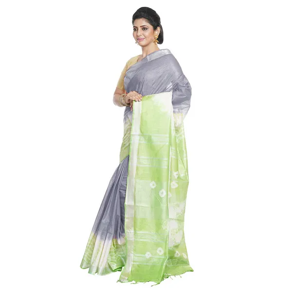 Grey_&_Light_Green_women's_Bhagalpuri_Handloom_Cotton_Linen_Slub_Blend_Tie_Two_Dye_(Sibory_Two_Dye)_Saree_With_Running_Unstitched_Blouse_Piece