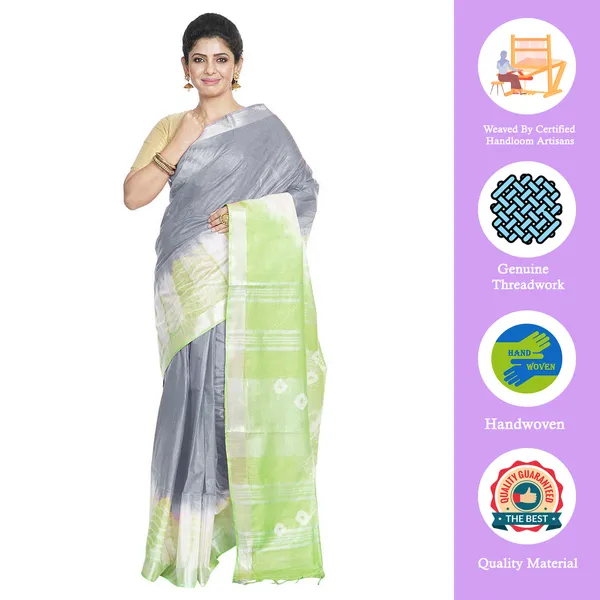 Grey_&_Light_Green_women's_Bhagalpuri_Handloom_Cotton_Linen_Slub_Blend_Tie_Two_Dye_(Sibory_Two_Dye)_Saree_With_Running_Unstitched_Blouse_Piece