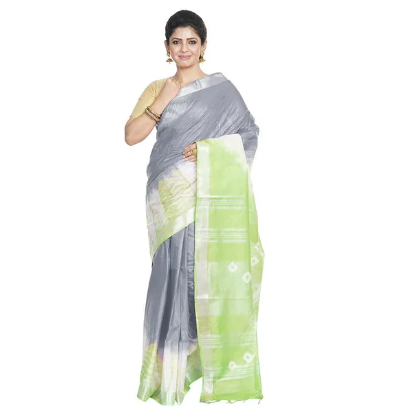 Grey_&_Light_Green_women's_Bhagalpuri_Handloom_Cotton_Linen_Slub_Blend_Tie_Two_Dye_(Sibory_Two_Dye)_Saree_With_Running_Unstitched_Blouse_Piece