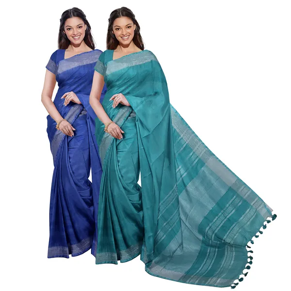 Cobalt_Blue_&_Cyan_women's_Bhagalpuri_Handloom_Cotton-Linen_Blend_Saree_Combo_(Pack_Of_2)_With_Running_Unstiched_Blouse_Piece