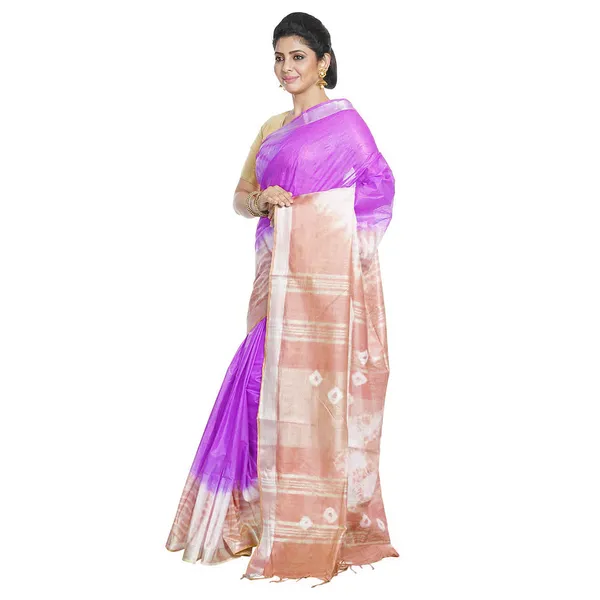 Heliotrope_Purple_&_Tumbleweed_Orange_women's_Bhagalpuri_Handloom_Cotton_Linen_Slub_Blend_Tie_Two_Dye_(Sibory_Two_Dye)_Saree_With_Running_Unstitched_Blouse_Piece