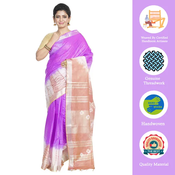 Heliotrope_Purple_&_Tumbleweed_Orange_women's_Bhagalpuri_Handloom_Cotton_Linen_Slub_Blend_Tie_Two_Dye_(Sibory_Two_Dye)_Saree_With_Running_Unstitched_Blouse_Piece