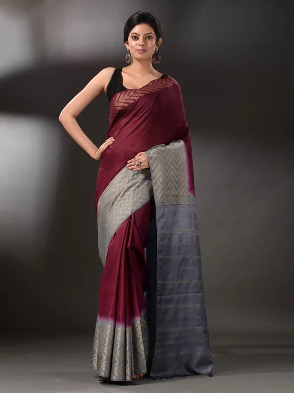 Semi_Tussar_Silk_Handloom_Two_Dye_Saree_with_Blouse_Piece_(Throns_Maroon_&_Troiet_Grey)