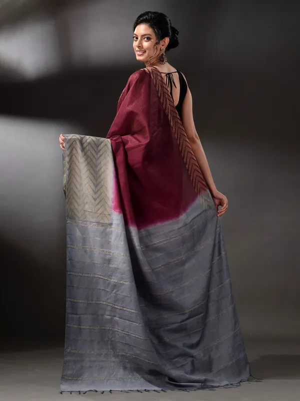 Semi_Tussar_Silk_Handloom_Two_Dye_Saree_with_Blouse_Piece_(Throns_Maroon_&_Troiet_Grey)