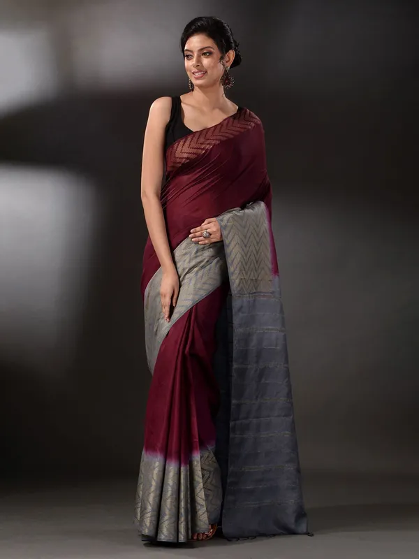 Semi_Tussar_Silk_Handloom_Two_Dye_Saree_with_Blouse_Piece_(Throns_Maroon_&_Troiet_Grey)