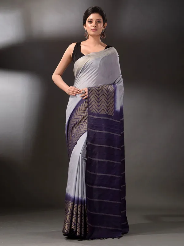 Bhagalpuri_Handloom_Semi_Tussar_Silk_Two_Dye_Saree_(Troit_Grey_&_French_Blue)