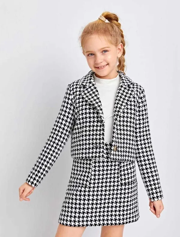 Black_And_White_Kid_Girl's_Cotton_Blend_Printed_Modern_Lightweight_Sleeveless_Tshirt_With_Full_Sleeve_Blazer__And__Skirt_3_Piece_Clothing_Set