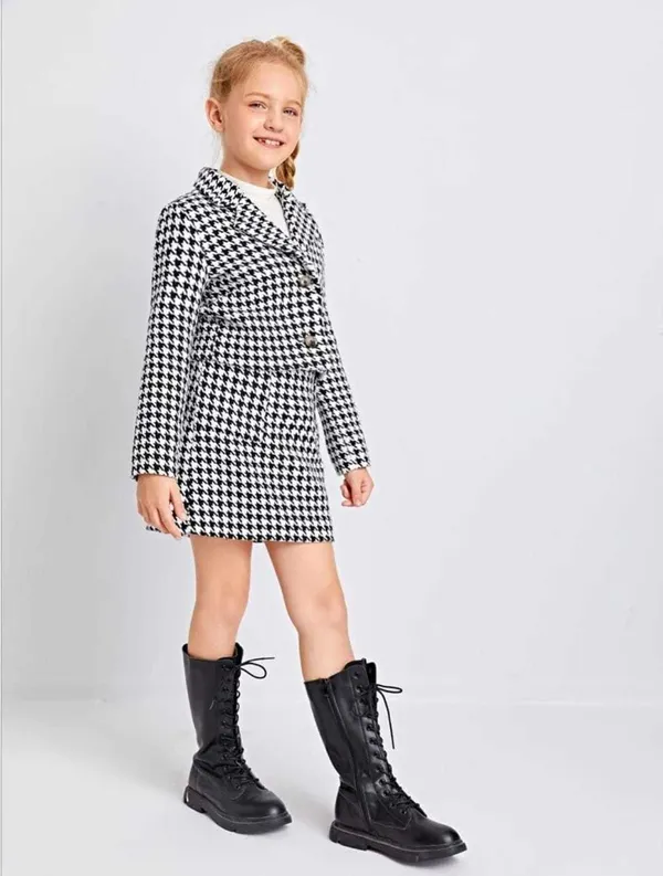 Black_And_White_Kid_Girl's_Cotton_Blend_Printed_Modern_Lightweight_Sleeveless_Tshirt_With_Full_Sleeve_Blazer__And__Skirt_3_Piece_Clothing_Set