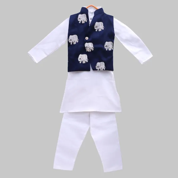 White_Cotton_Blend_Solid_kurta_with_Elephant_Design_Embroidery_Work_Blue_Kotiblazer_With_White_Pajama