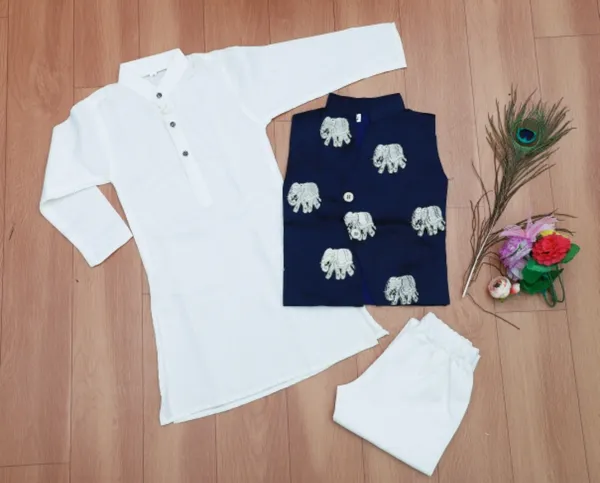 White_Cotton_Blend_Solid_kurta_with_Elephant_Design_Embroidery_Work_Blue_Kotiblazer_With_White_Pajama