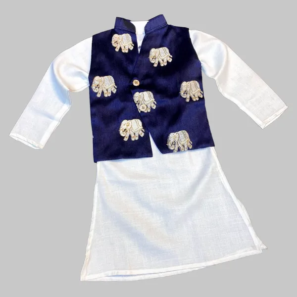 White_Cotton_Blend_Solid_kurta_with_Elephant_Design_Embroidery_Work_Blue_Kotiblazer_With_White_Pajama