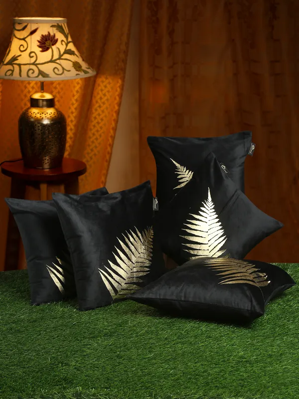 Black_&_Gold_Toned_Set_Of_5_Floral_Velvet_Square_Cushion_Covers_By_Hosta_Homes