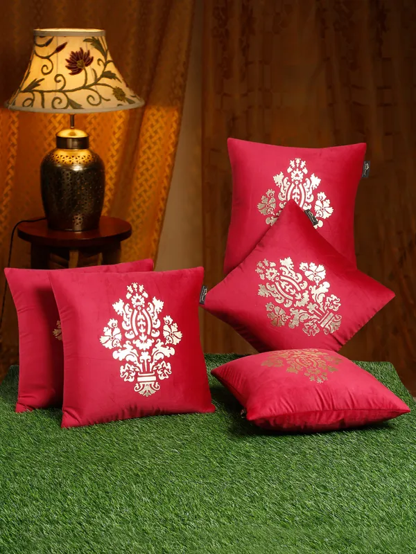 Maroon_&_Gold_Set_Of_5_Ethnic_Motifs_Velvet_Square_Cushion_Covers_By_Hosta_Homes